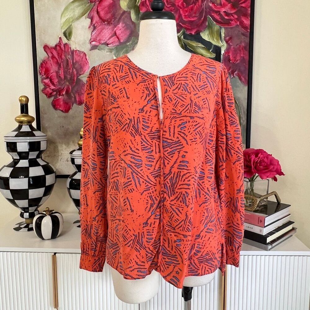 Rory Beca Women's Abstract Split Neck Silk Long Sleeve Blouse Orange Small